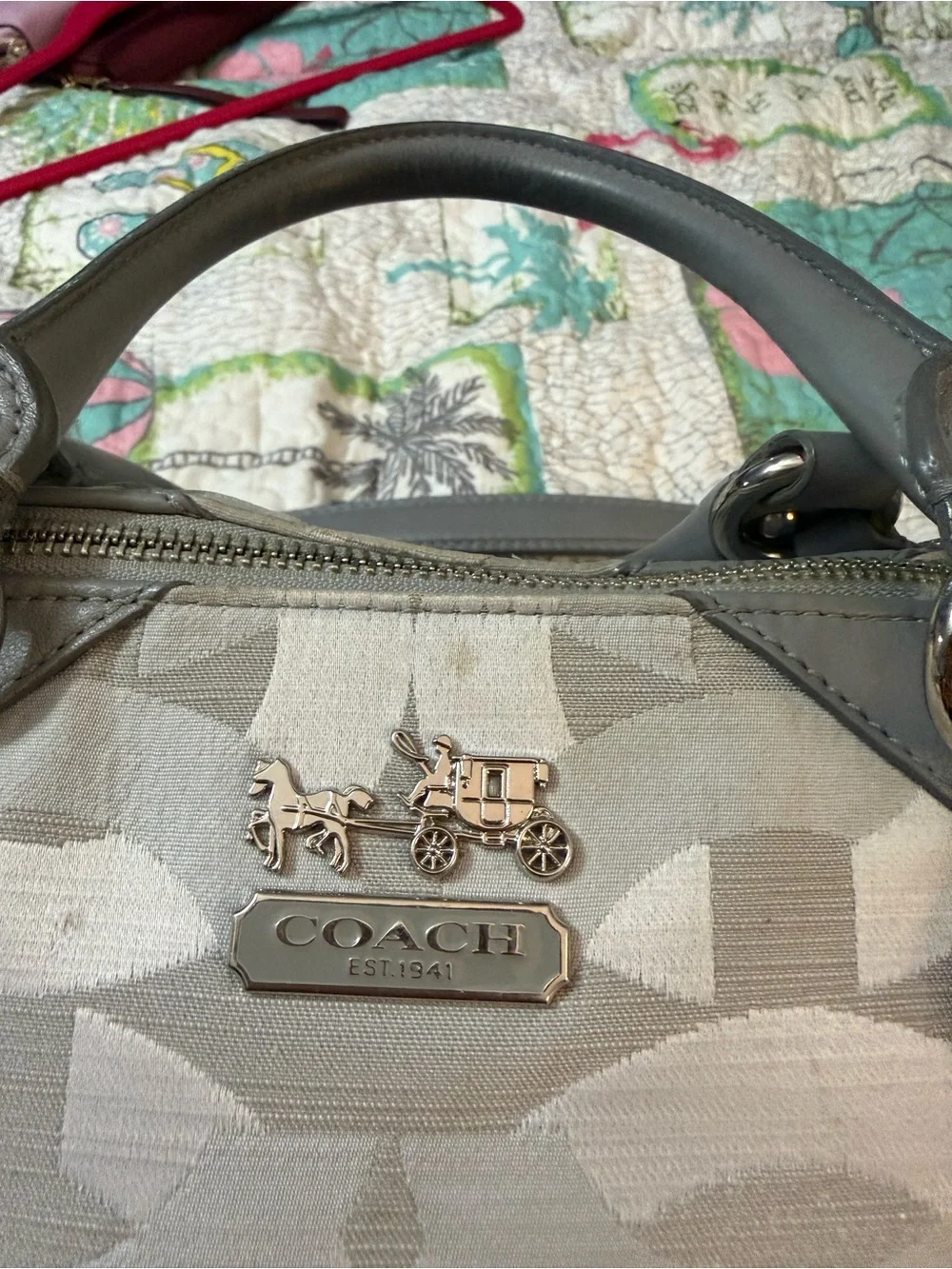 Coach Neutral Signature Jacquard Hobo with Taupe Trim